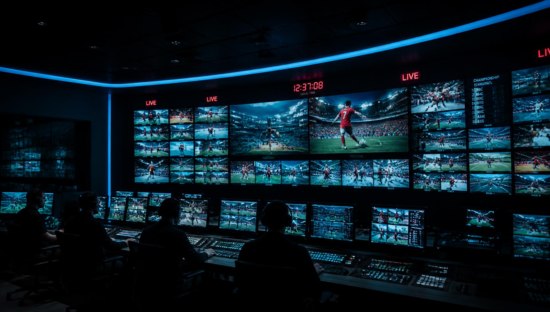 Sports broadcast master control room with a wall of live match feeds