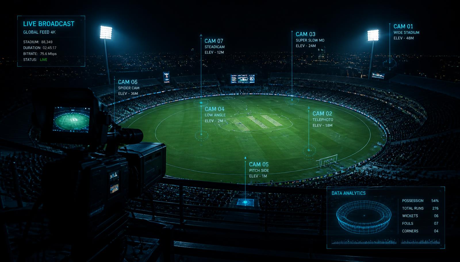 Stadium at night with holographic broadcast camera overlays